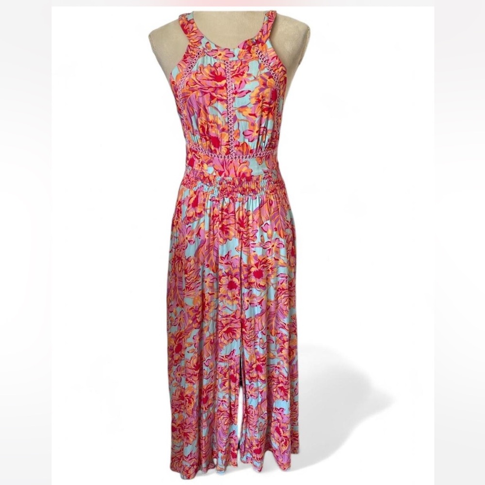 Anthropologie Pink and Blue Floral Maxi Dress